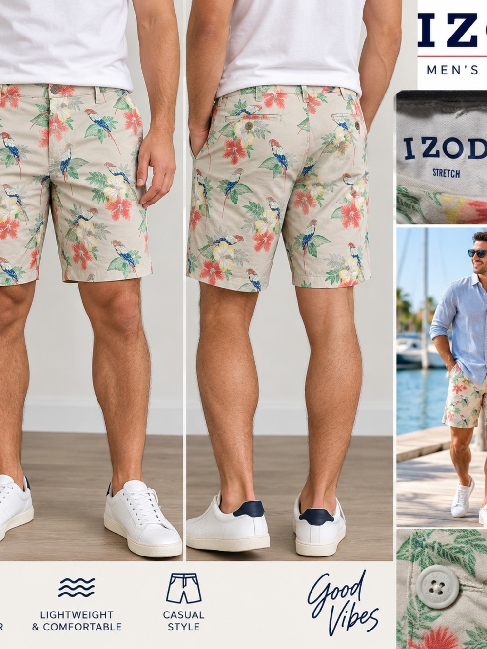 Izod Beige Tropical Parrot Print Flat Front Shorts